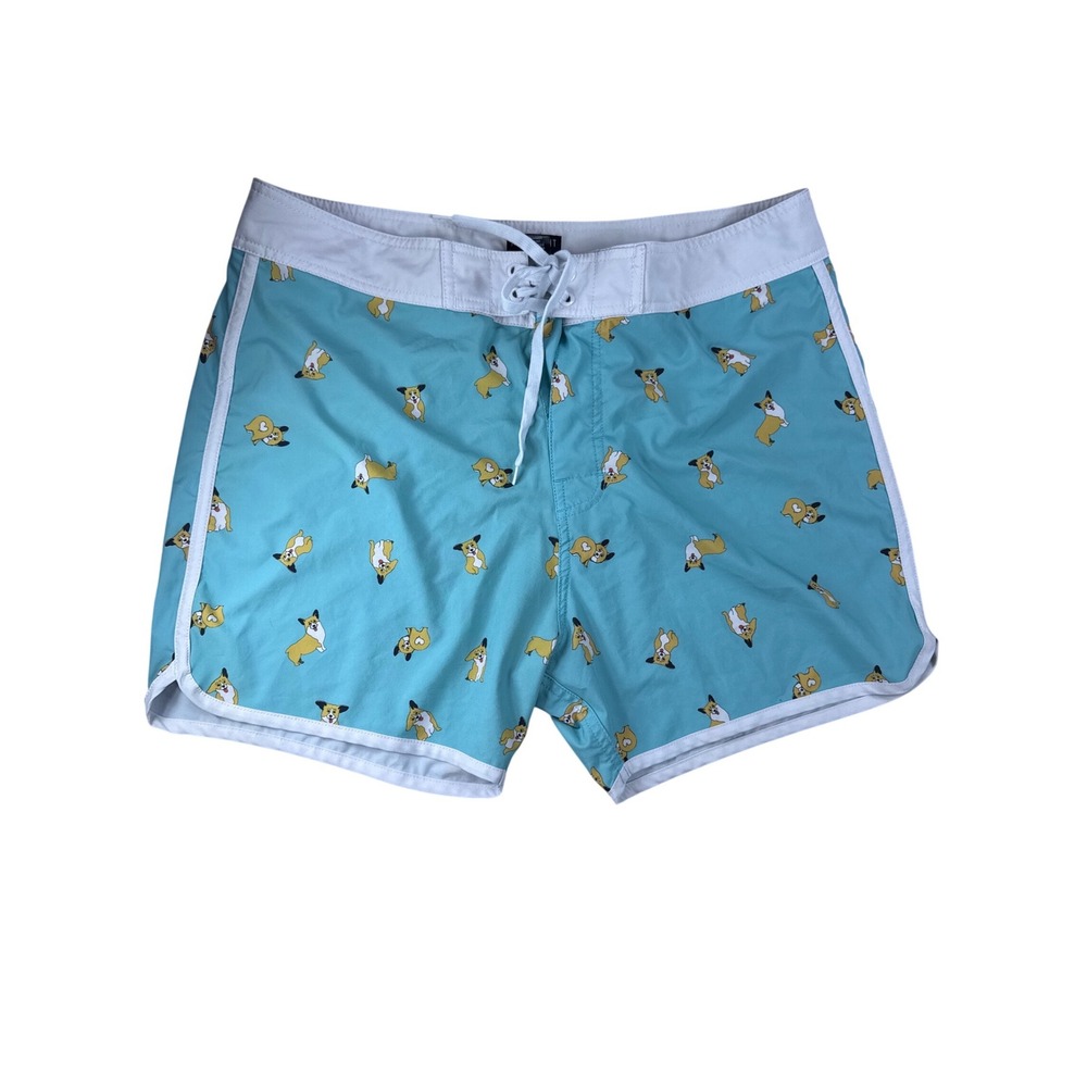 Midnight Hour Corgi Print Board Shorts Teal Blue Swim Trunks Mens Size 36